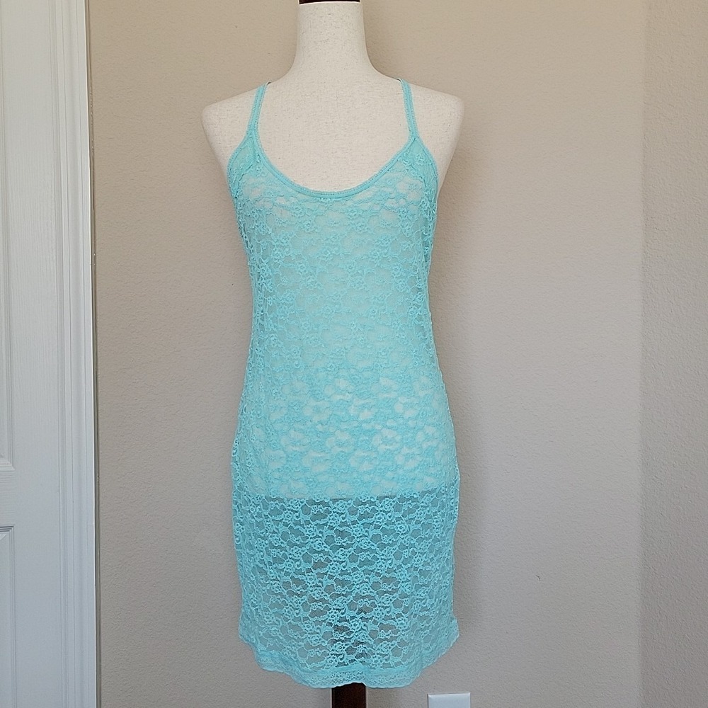 Victoria's Secret Lace Slip Dress Lingerie Size L Blue Racerback Sheer NWT Y2K
